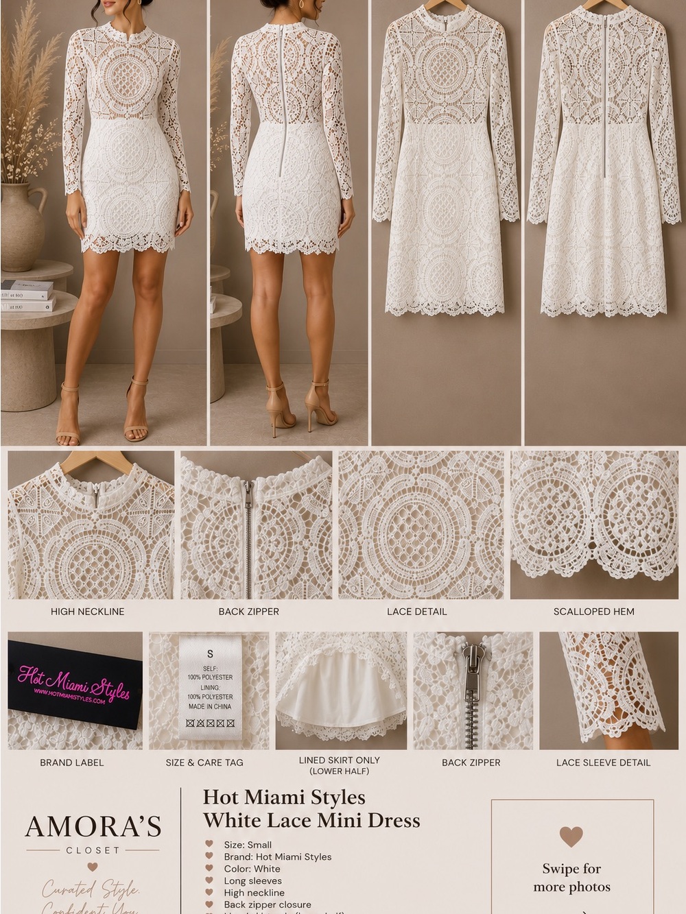 Hot Miami Styles White Lace Mini Dress - High Neck Long Sleeve